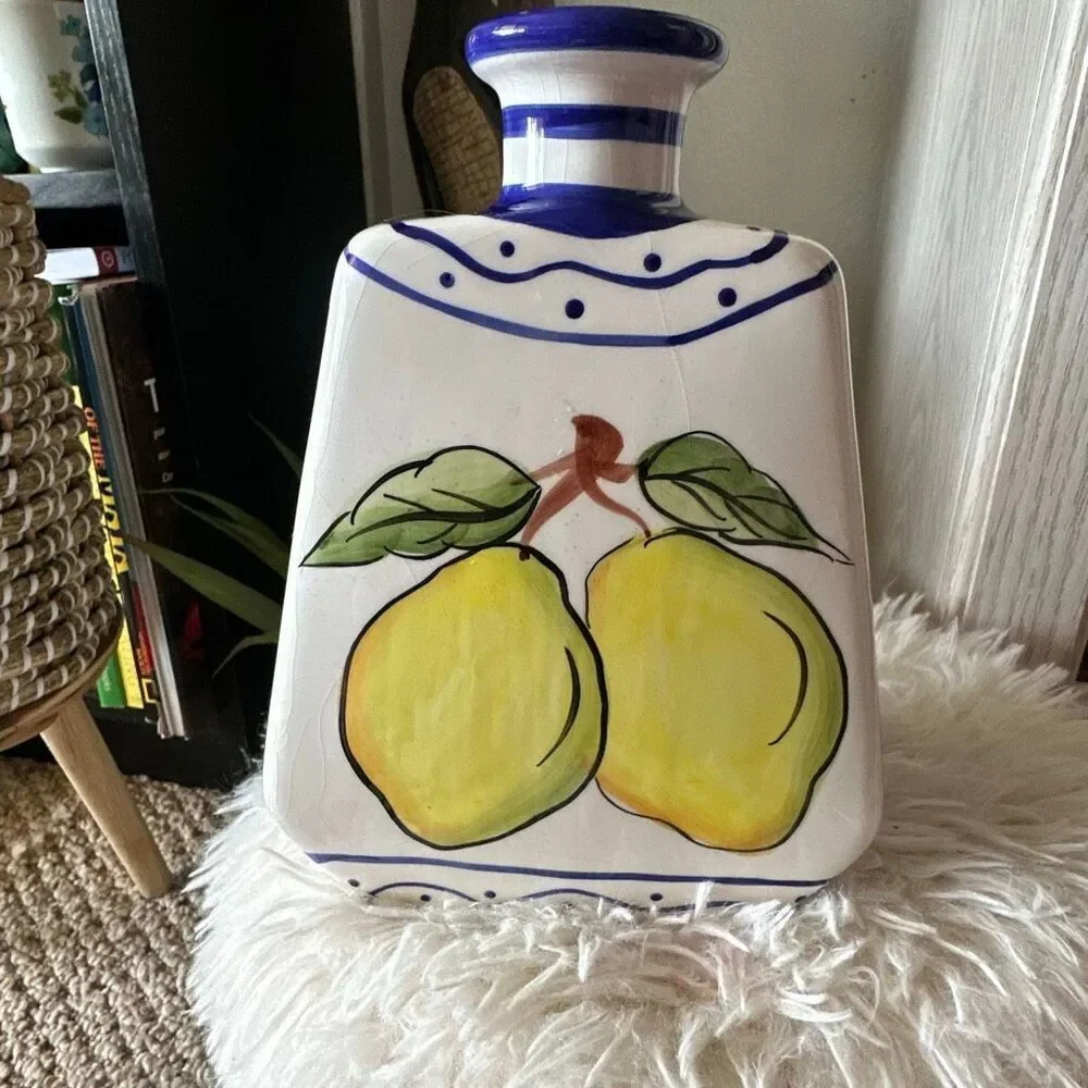 Blue & White Grape and lemon vase / bottle 8.5”